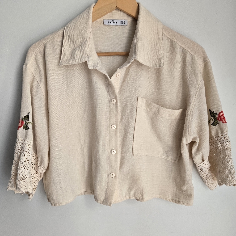 ARISS Light Beige Button-Down Cropped Shirt with Embroidery And Crochet Accents